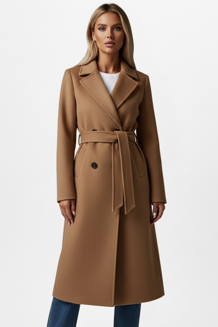 Women's Double-Breasted Long Coat – Belted, Notched Lapels