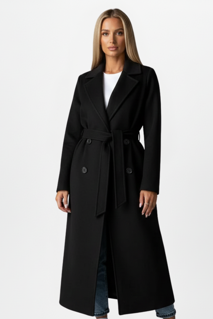 Women's Double-Breasted Long Coat – Belted, Notched Lapels