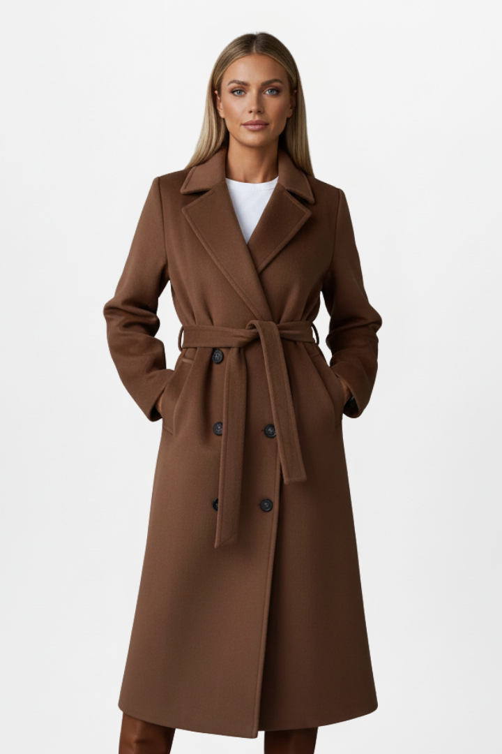 Women's Double-Breasted Long Coat – Belted, Notched Lapels