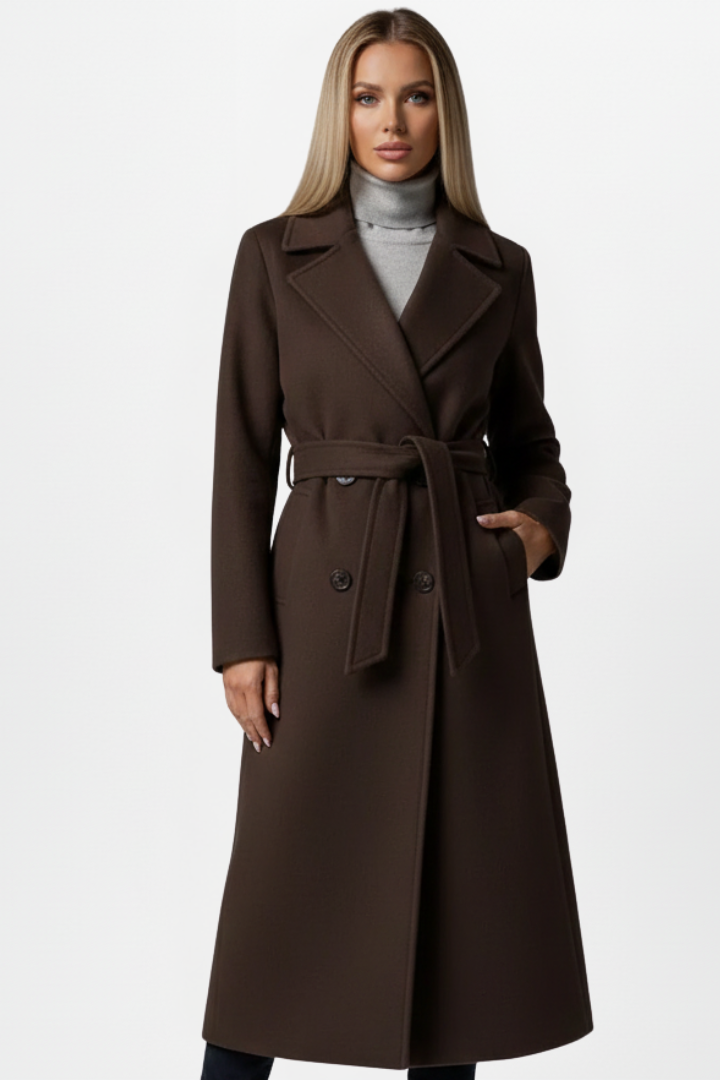 Women's Double-Breasted Long Coat – Belted, Notched Lapels