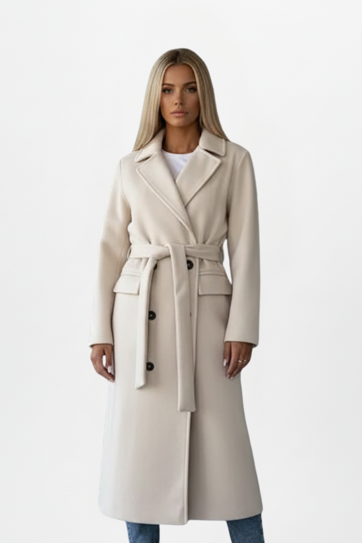 Women's Double-Breasted Long Coat – Belted, Notched Lapels