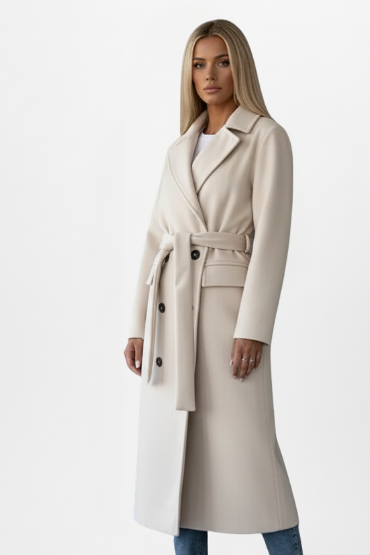 Women's Double-Breasted Long Coat – Belted, Notched Lapels