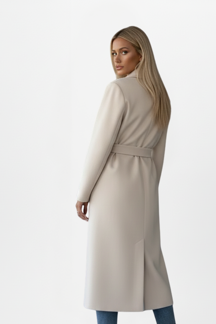 Women's Double-Breasted Long Coat – Belted, Notched Lapels