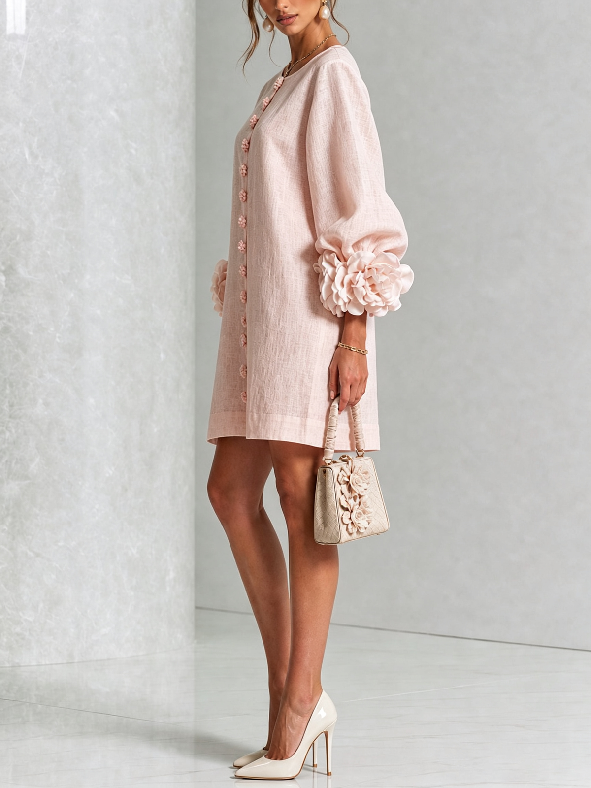 Mini-robe pour femme - manches drapées, boutons floraux