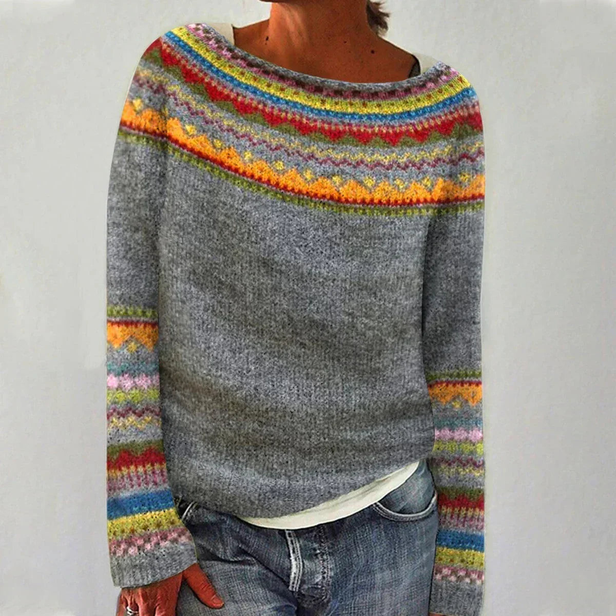 Women's Nordic Pattern Jumper – Long Sleeve, Relaxed Fit