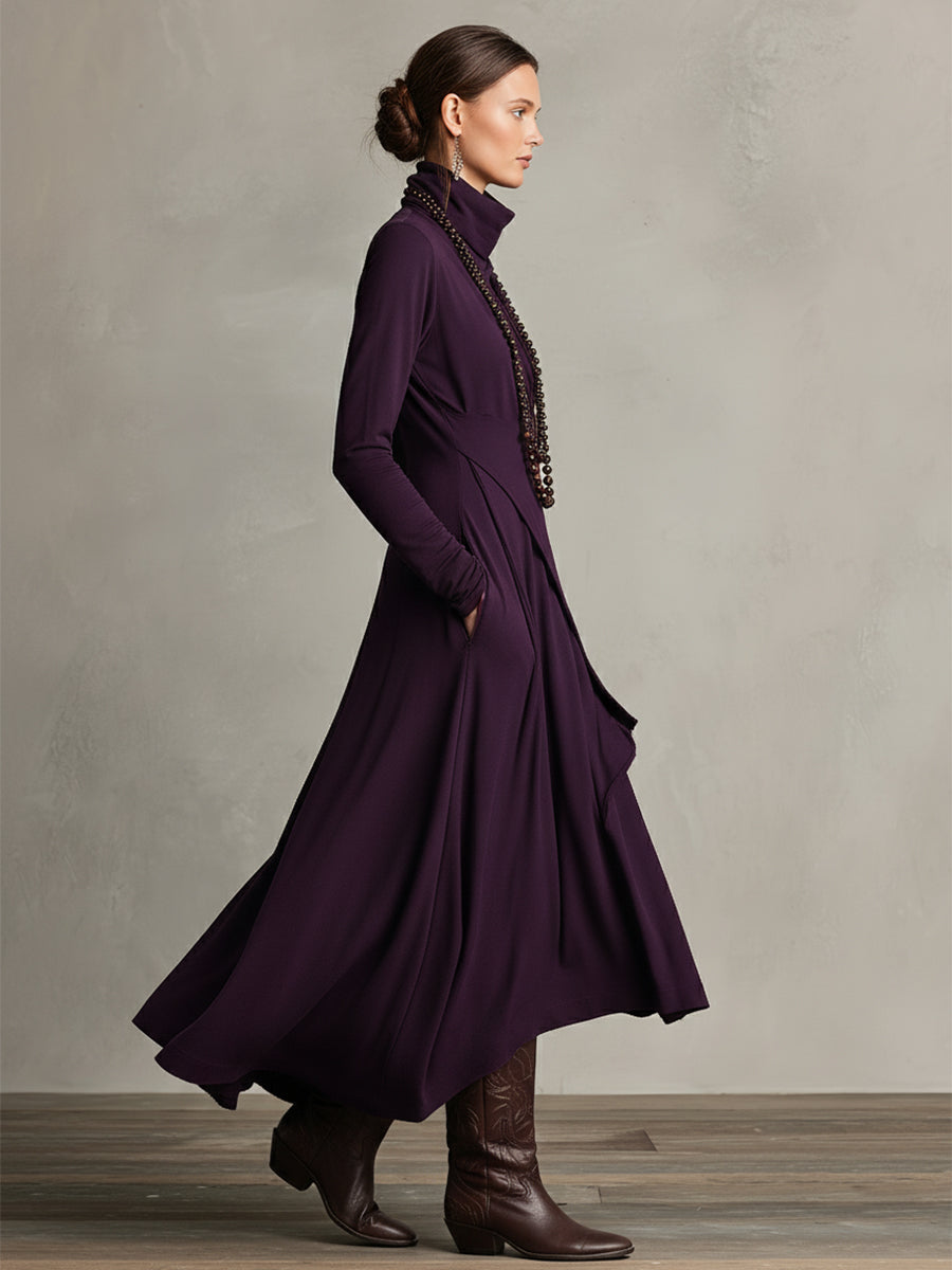 Women's Turtleneck Maxi Dress – Asymmetric Wrap Front, Layered Hem