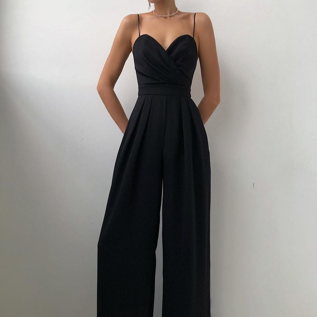 Women's Wide-Leg Jumpsuit – Thin Straps, Sweetheart Wrap Neckline
