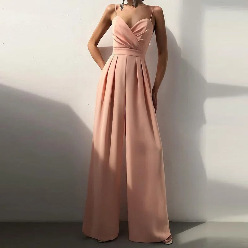 Women's Wide-Leg Jumpsuit – Thin Straps, Sweetheart Wrap Neckline