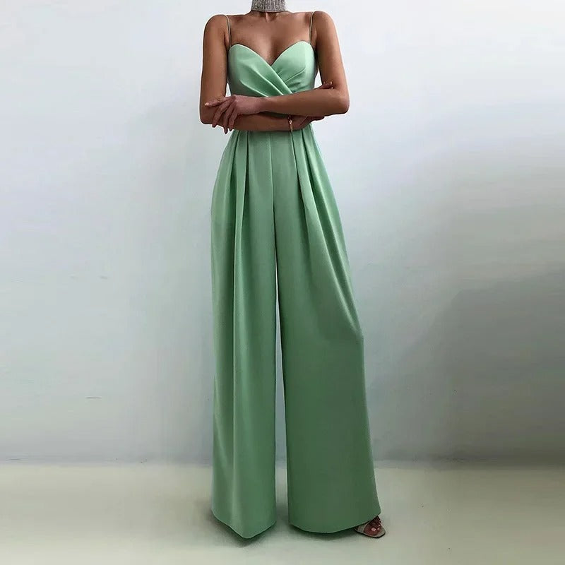 Women's Wide-Leg Jumpsuit – Thin Straps, Sweetheart Wrap Neckline