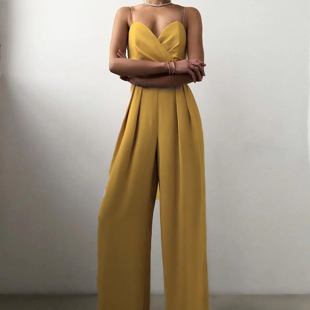Women's Wide-Leg Jumpsuit – Thin Straps, Sweetheart Wrap Neckline