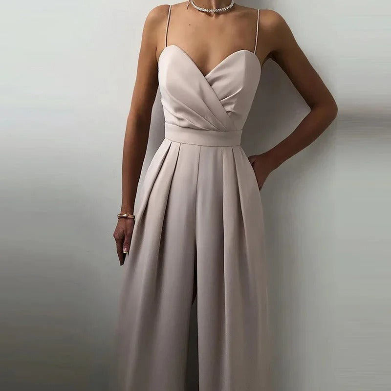 Women's Wide-Leg Jumpsuit – Thin Straps, Sweetheart Wrap Neckline
