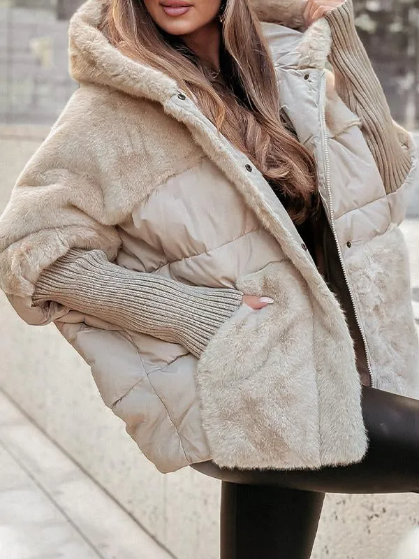 Women's Quilted Winter Jacket – Hood, Fur-Textured Panels, Ribbed Cuffs
