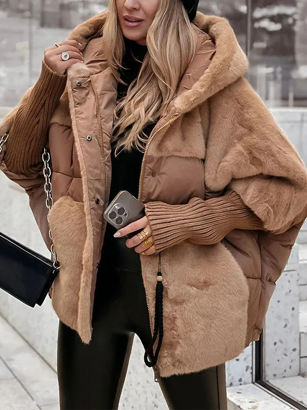 Women's Quilted Winter Jacket – Hood, Fur-Textured Panels, Ribbed Cuffs