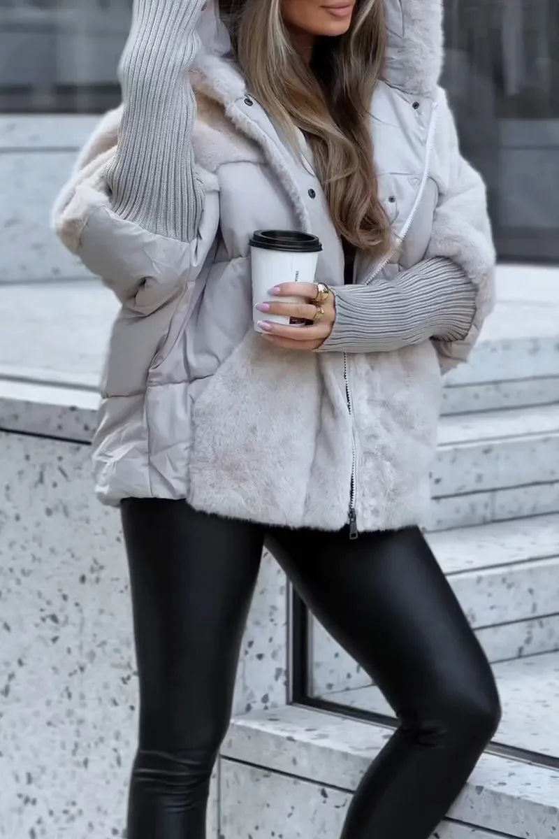 Women's Quilted Winter Jacket – Hood, Fur-Textured Panels, Ribbed Cuffs