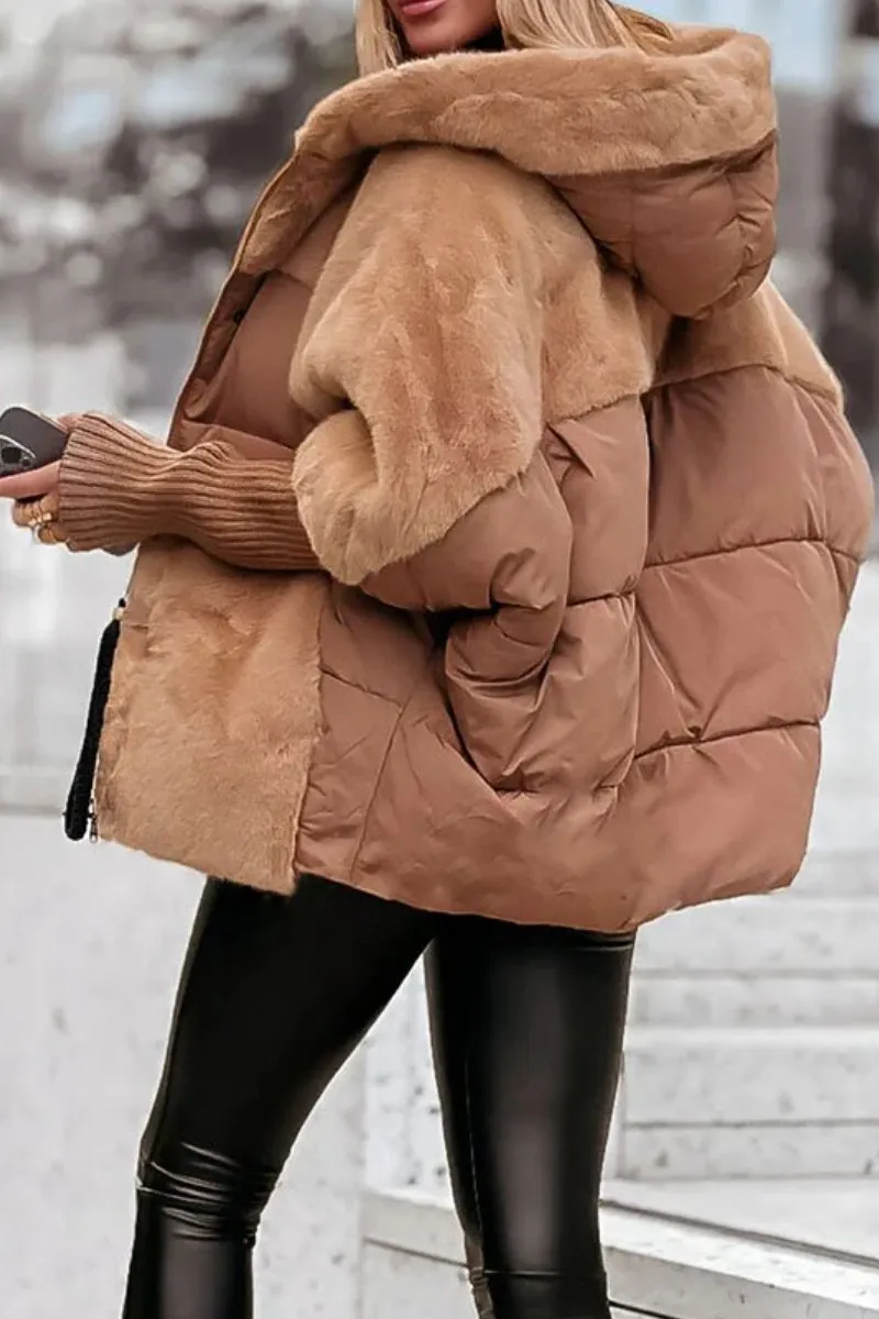 Women's Quilted Winter Jacket – Hood, Fur-Textured Panels, Ribbed Cuffs
