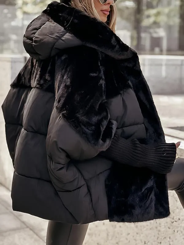 Women's Quilted Winter Jacket – Hood, Fur-Textured Panels, Ribbed Cuffs