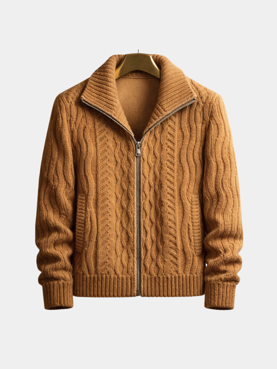 Men's Cable Knit Cardigan – Full Zip, Tall Stand Collar front view