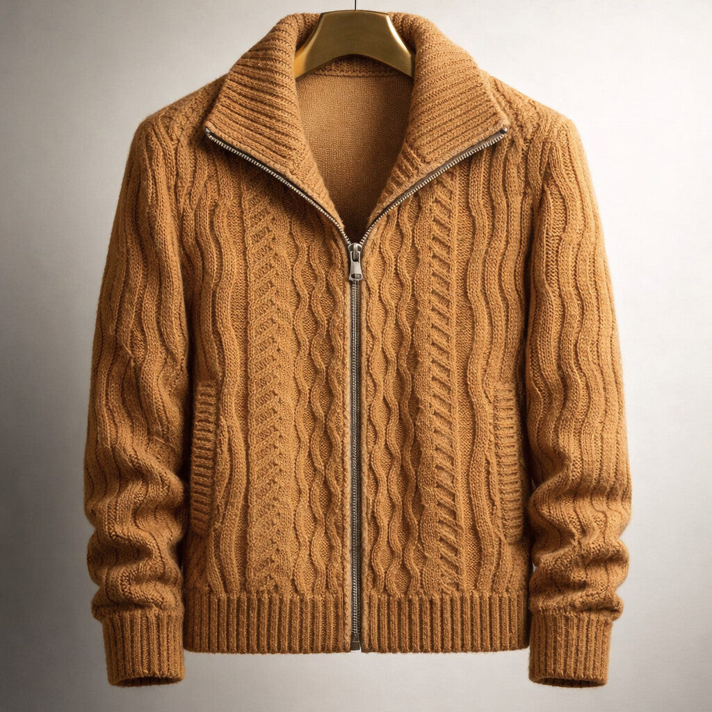 Men's Cable Knit Cardigan – Full Zip, Tall Stand Collar collar detail