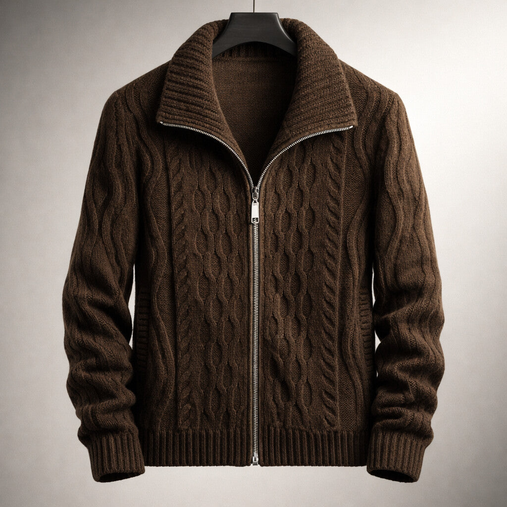 Men's Cable Knit Cardigan – Full Zip, Tall Stand Collar zipped up