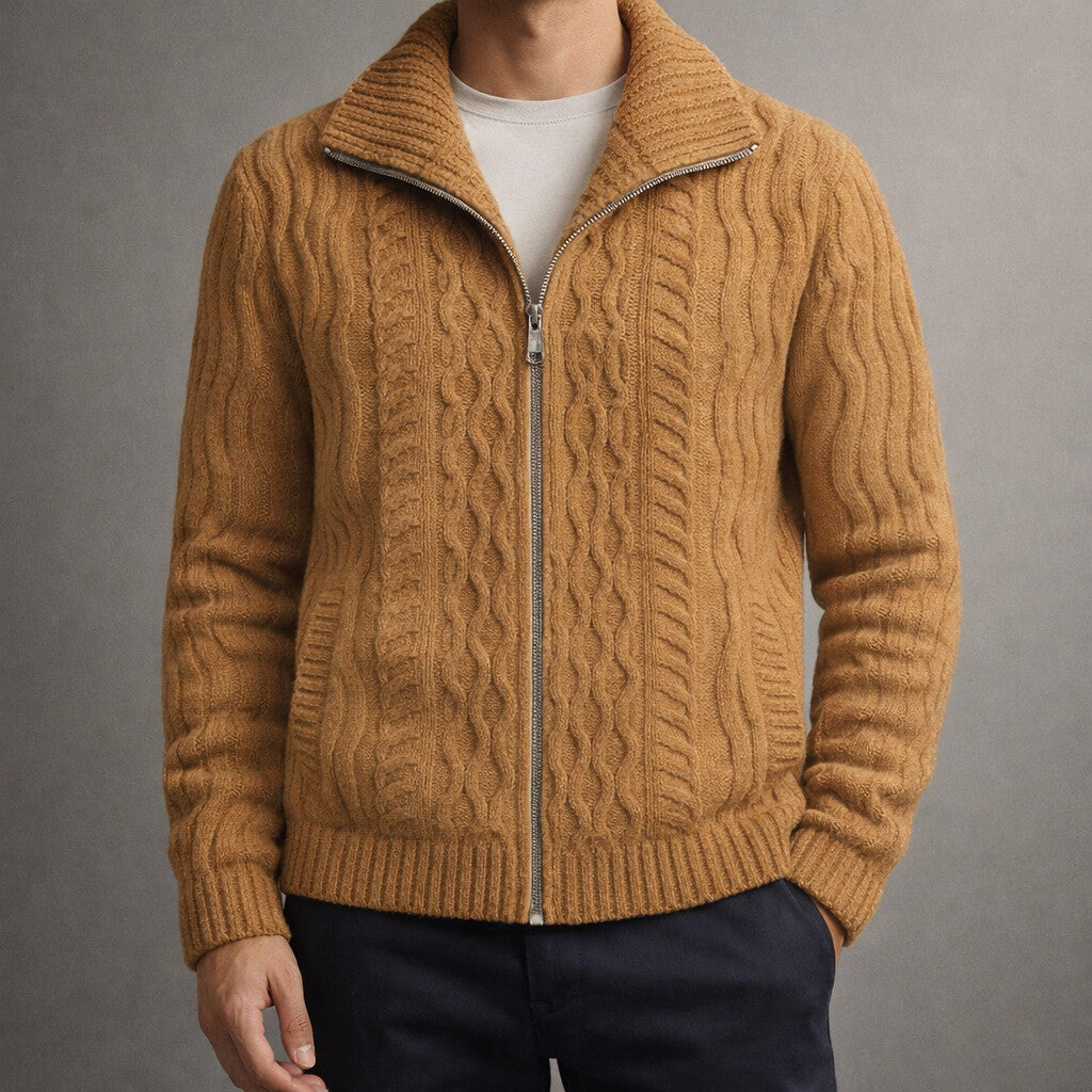 Men's Cable Knit Cardigan – Full Zip, Tall Stand Collar sleeve cable detail