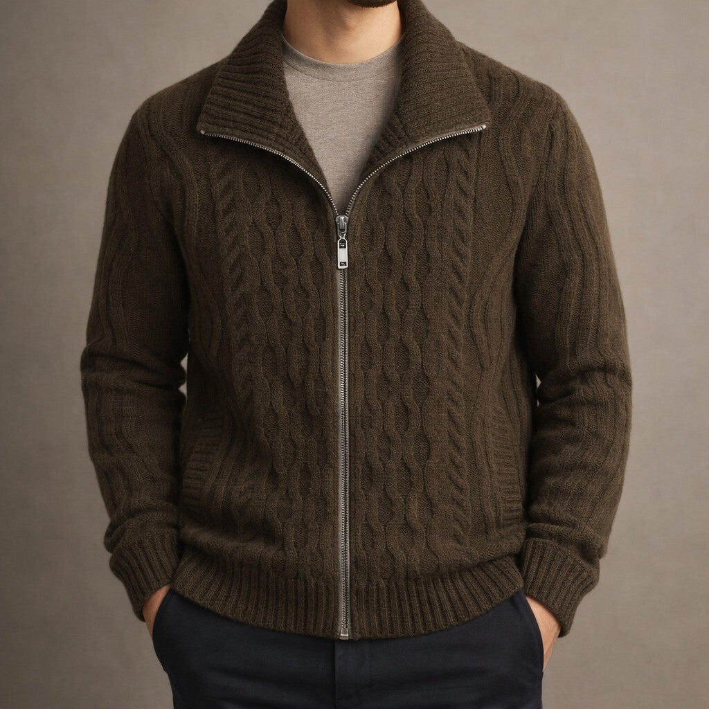 Men's Cable Knit Cardigan – Full Zip, Tall Stand Collar back view