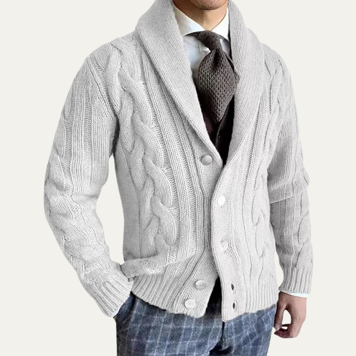 Men's Cable Knit Cardigan – Shawl Collar, Button Front