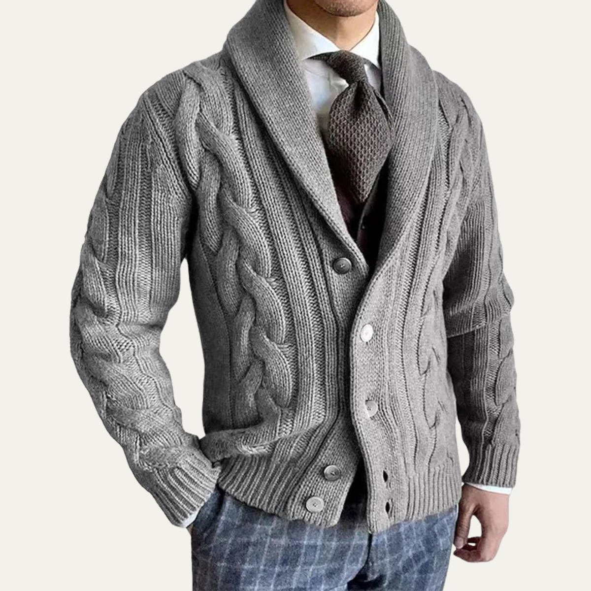 Men's Cable Knit Cardigan – Shawl Collar, Button Front