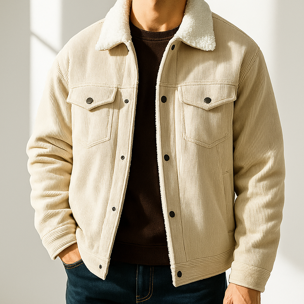 Men's Corduroy Jacket – Snap Front, Patch Chest Pockets collar detail