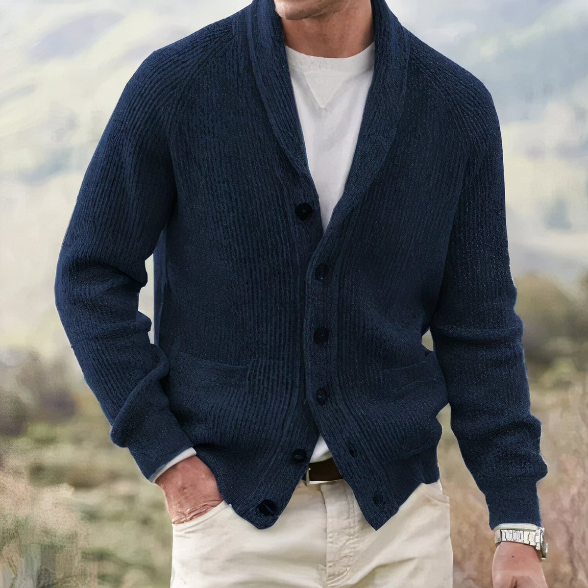 Men's Heavy Ribbed Knit Cardigan – Shawl Collar, Button Front