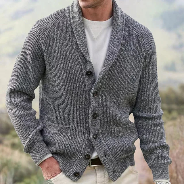 Men's Heavy Ribbed Knit Cardigan – Shawl Collar, Button Front