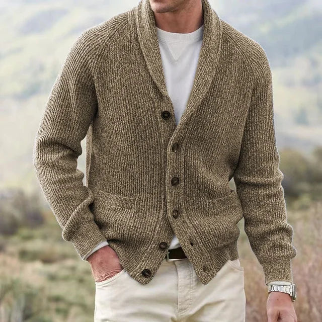 Men's Heavy Ribbed Knit Cardigan – Shawl Collar, Button Front