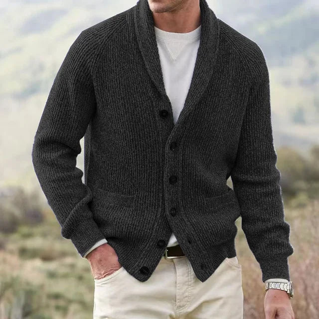 Men's Heavy Ribbed Knit Cardigan – Shawl Collar, Button Front