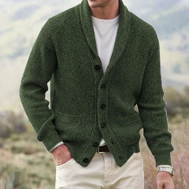 Men's Heavy Ribbed Knit Cardigan – Shawl Collar, Button Front