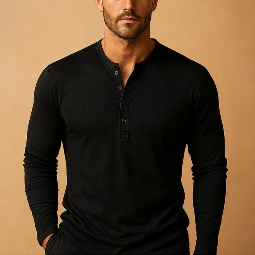 Men's Henley Shirt – Slim Fit, Long Sleeve, Buttoned Placket side view