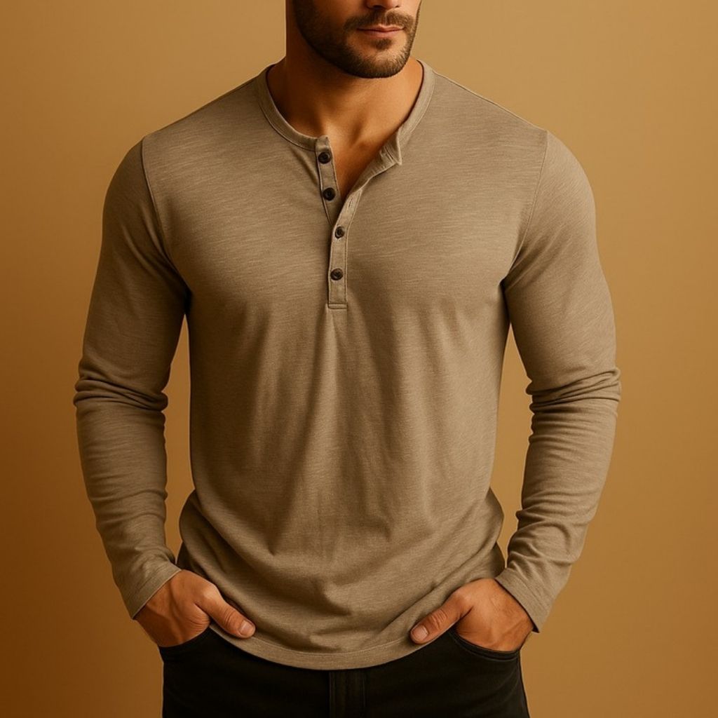 Men's Henley Shirt – Slim Fit, Long Sleeve, Buttoned Placket sleeve cuff detail