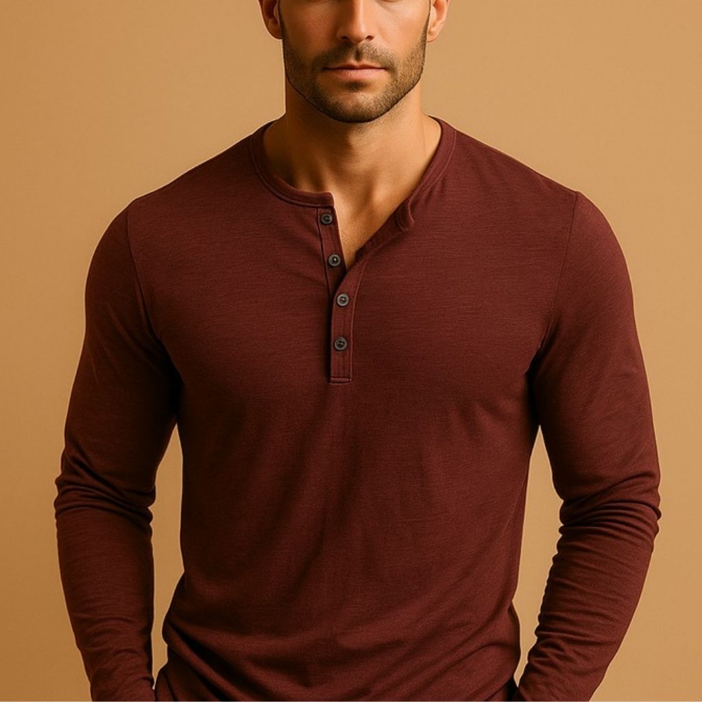 Men's Henley Shirt – Slim Fit, Long Sleeve, Buttoned Placket neckline close-up