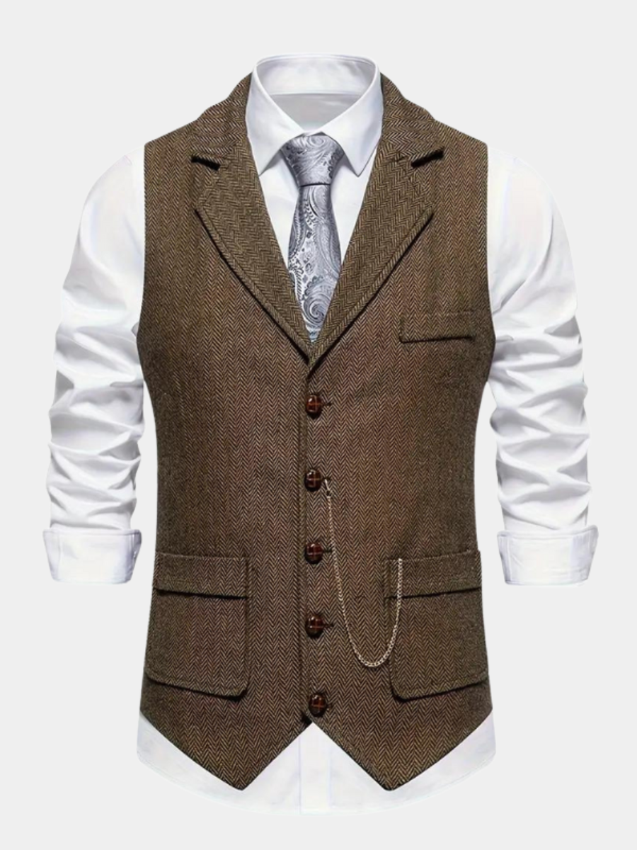 Men's Herringbone Vest – Notch Lapel, Chain Detail front view