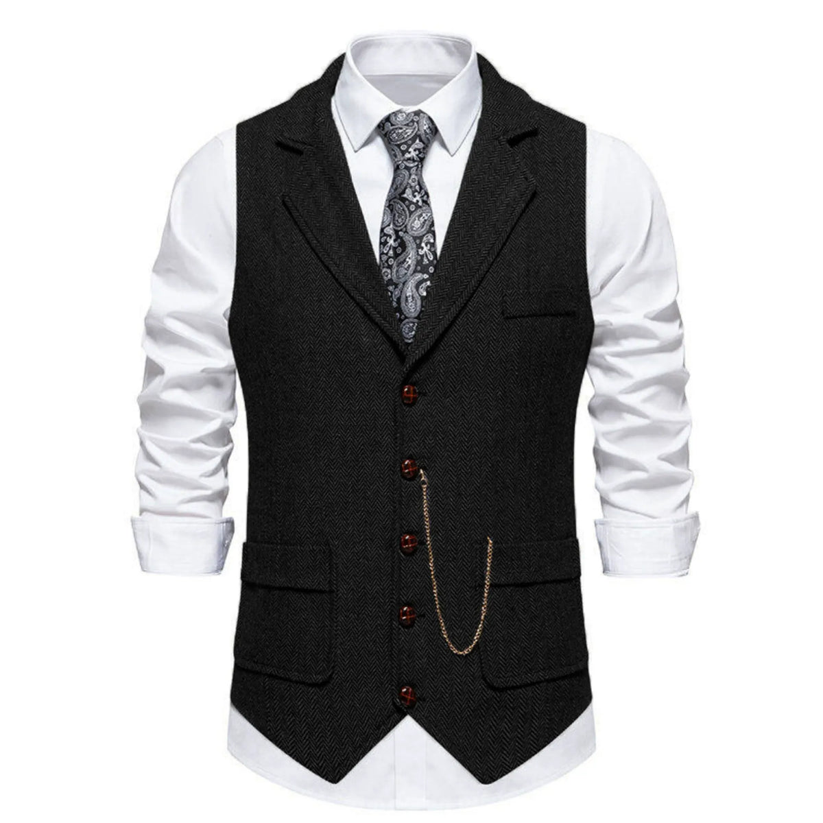 Men's Herringbone Vest – Notch Lapel, Chain Detail styled view