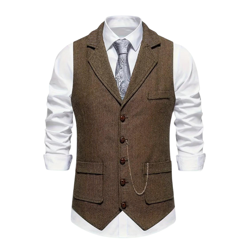Men's Herringbone Vest – Notch Lapel, Chain Detail side view
