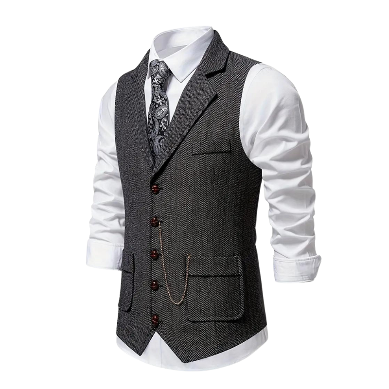 Men's Herringbone Vest – Notch Lapel, Chain Detail button front close-up