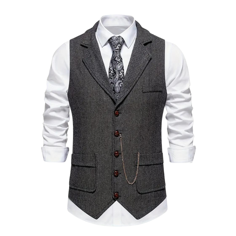 Men's Herringbone Vest – Notch Lapel, Chain Detail worn over shirt