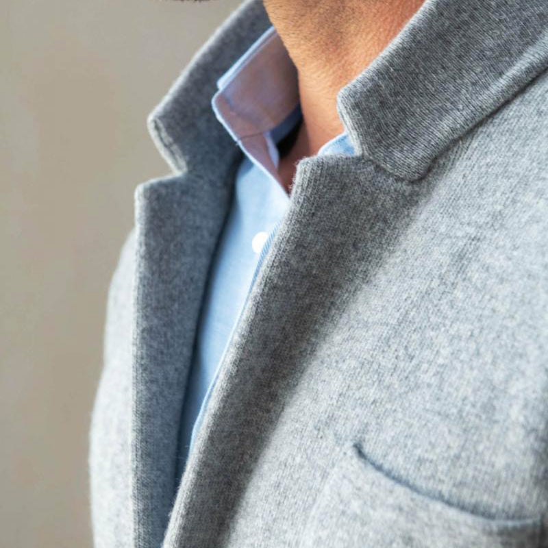 Men's Knit Blazer Jacket – Notch Lapel, Patch Pockets lapel detail