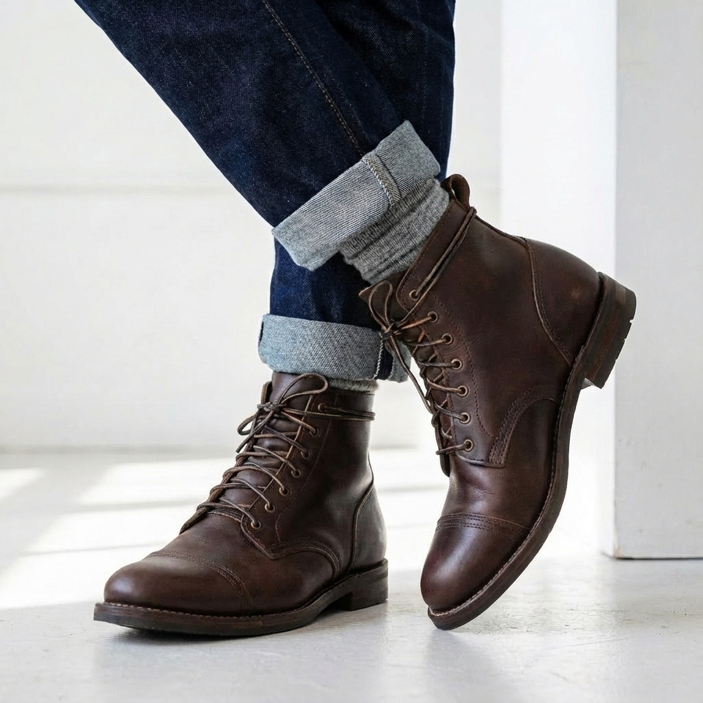 Men's Lace-Up Ankle Boots – Cap Toe, Distressed Finish, Block Heel