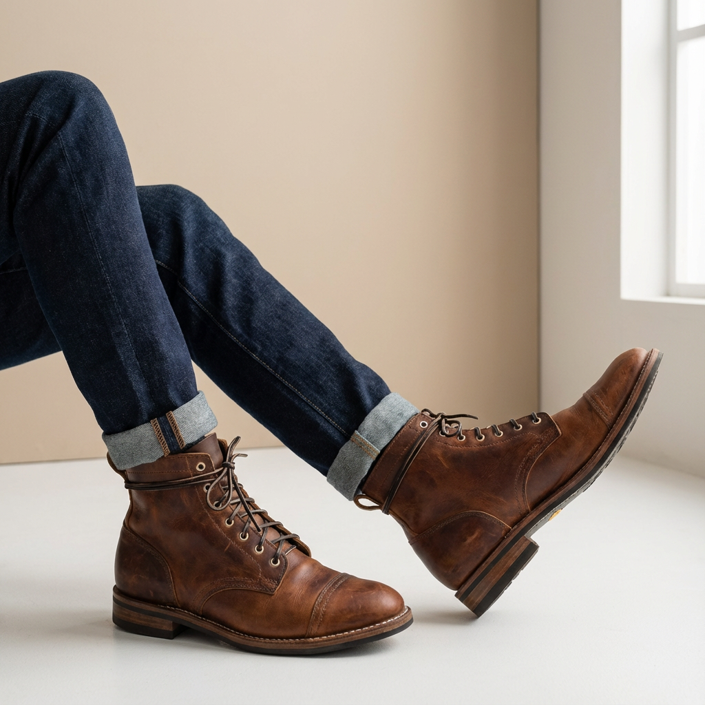 Men's Lace-Up Ankle Boots – Cap Toe, Distressed Finish, Block Heel