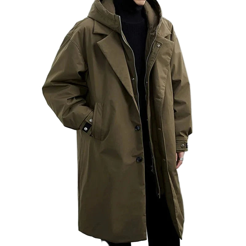 Trench-coat long à capuche pour homme, avec boutons sur le devant et empiècement zippé