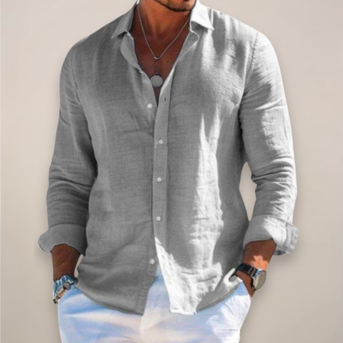 Men's Long Sleeve Shirt – Classic Collar, Button-Front front view