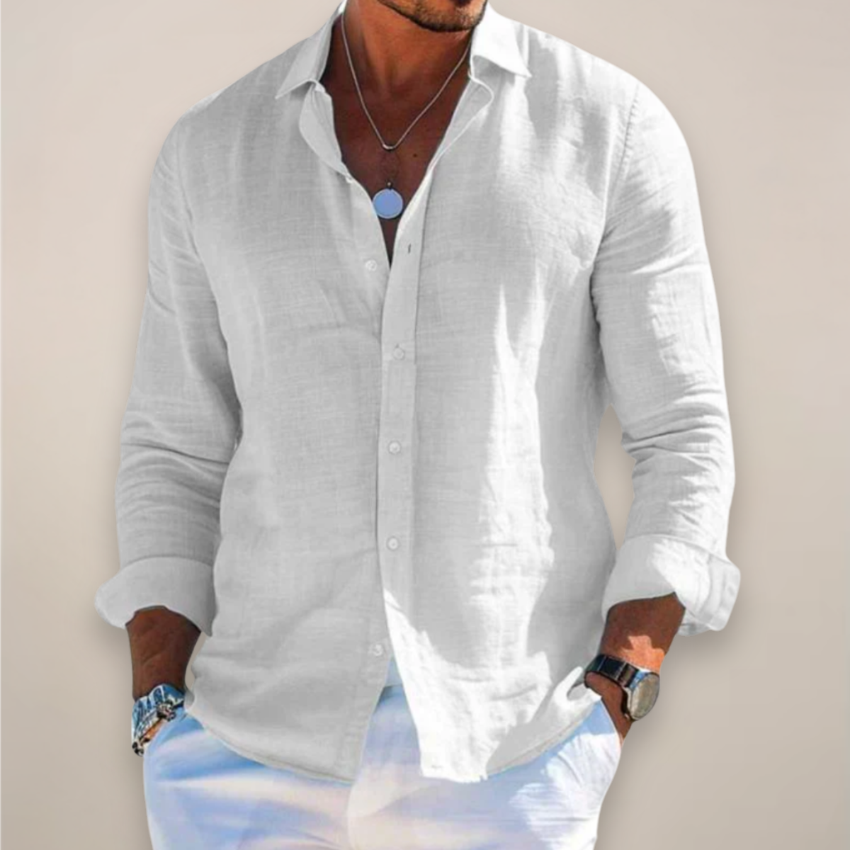 Men's Long Sleeve Shirt – Classic Collar, Button-Front collar detail