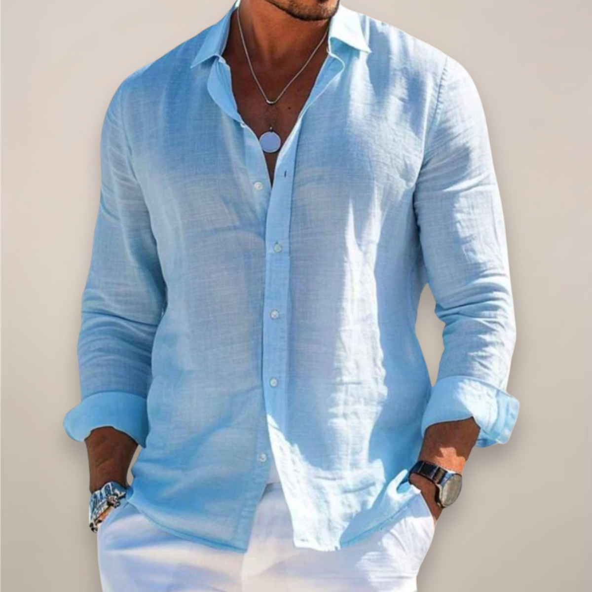 Men's Long Sleeve Shirt – Classic Collar, Button-Front side view