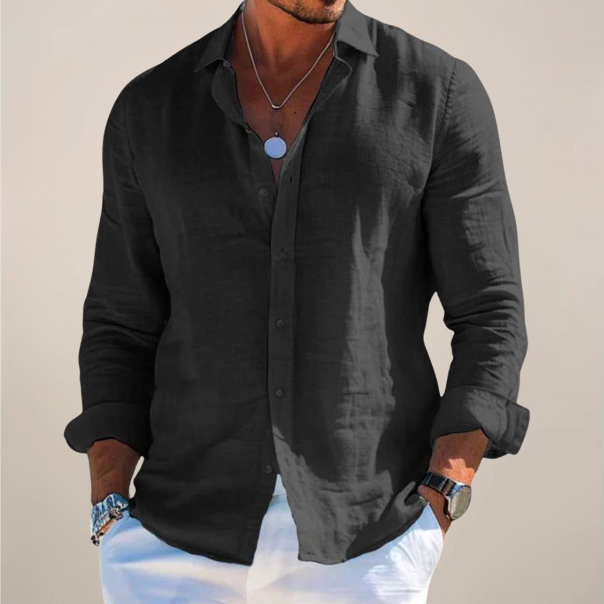Men's Long Sleeve Shirt – Classic Collar, Button-Front cuff detail