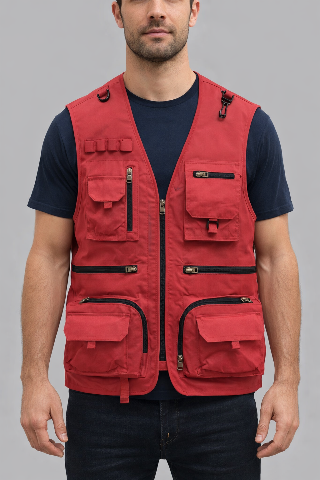 Men's Multi-Pocket Utility Vest – V-Neck, Full-Zip Front front view
